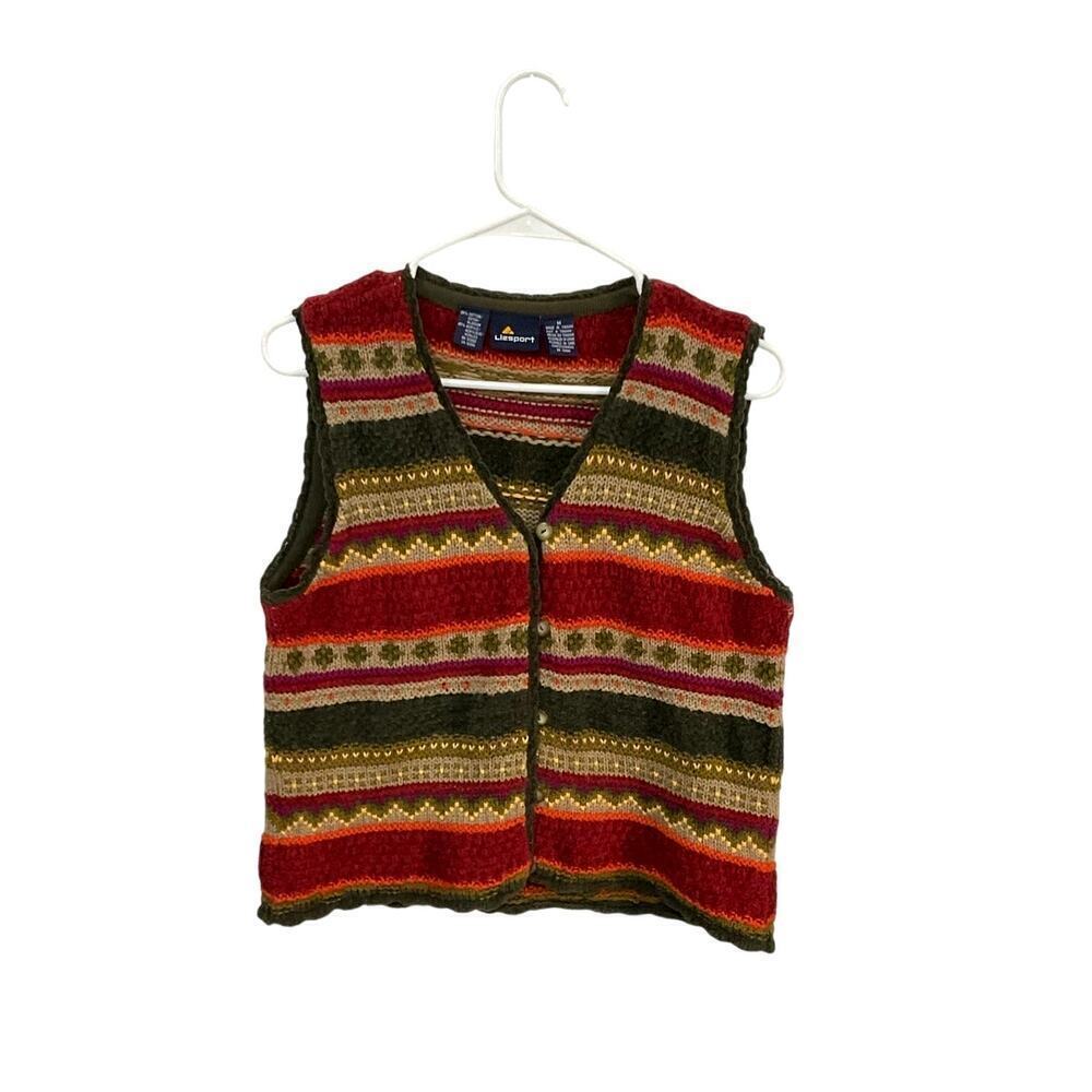 VTG Lizsport Chenille Knit Sweater Vest Stripes 3D Earthy V Neck Buttons Medium - Picture 1 of 7